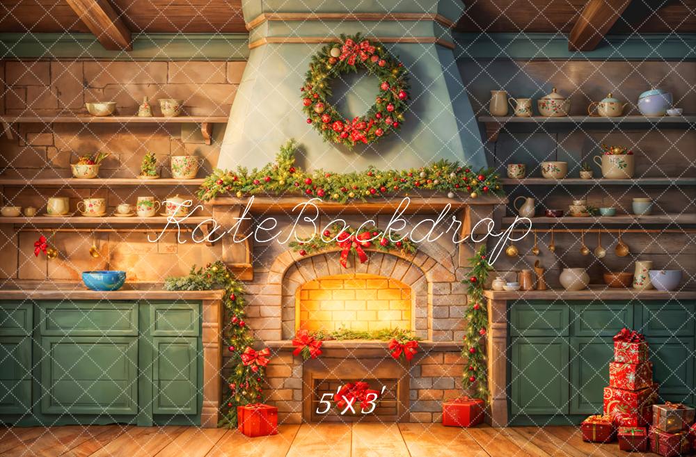 Kate Christmas Retro Fireplace Brick Wall Wooden Kitchen Backdrop Designed by Chain Photography