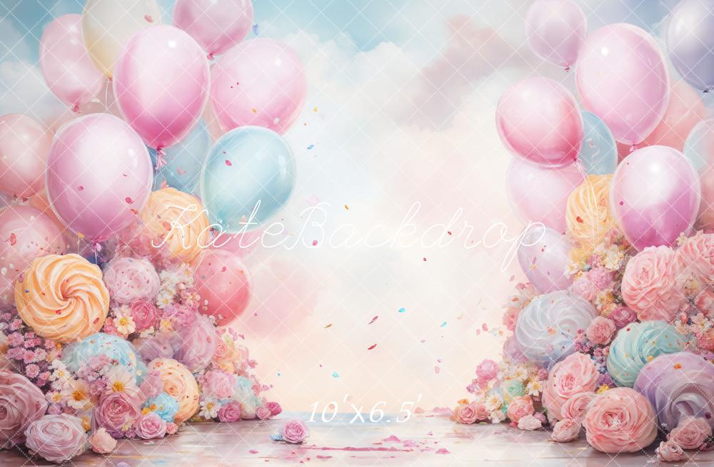 Kate Birthday Cake Smash Fantasy Blue Pink Balloon and Cookie Backdrop Designed by GQ