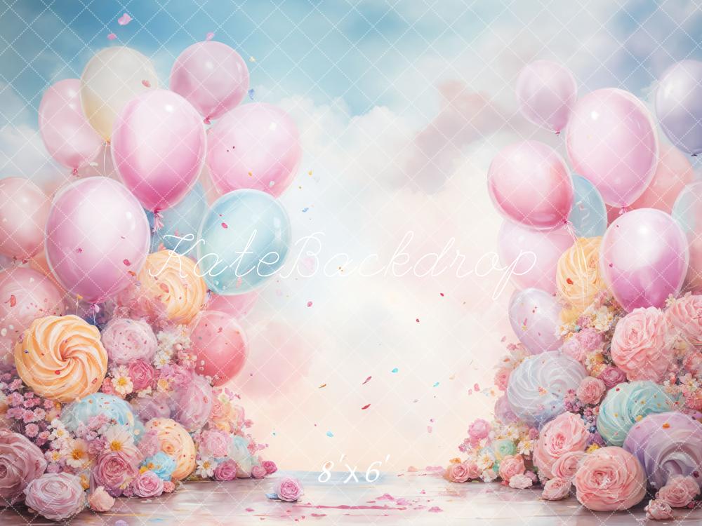 Verjaardagstaart Smash Fantasy Blauw Roze Ballon en Koek Achtergrond Ontworpen door GQ