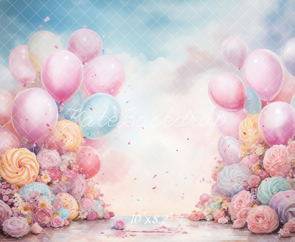 Verjaardagstaart Smash Fantasy Blauw Roze Ballon en Koek Achtergrond Ontworpen door GQ