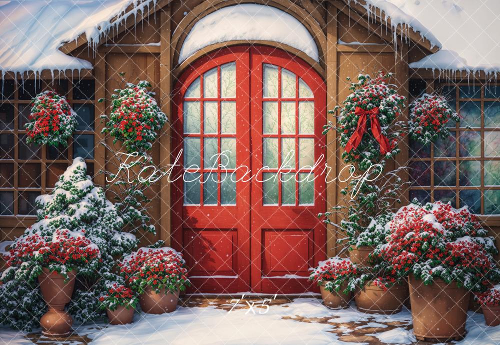 Winter Rode Bloemenboog Deur Retro Houten Cabin Achtergrond Ontworpen door Chain Photography