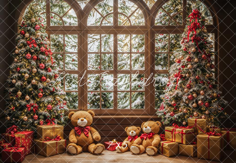 Kate Christmas Forest Teddy Bear Light Brown Arched Window Backdrop Designed by Emetselch