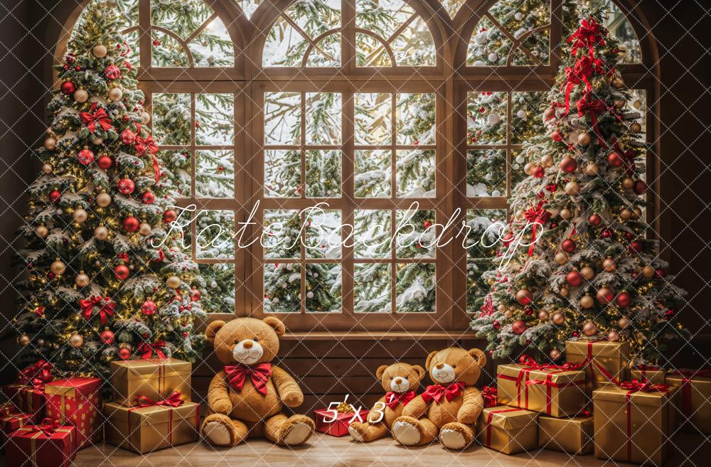 Kate Christmas Forest Teddy Bear Light Brown Arched Window Backdrop Designed by Emetselch