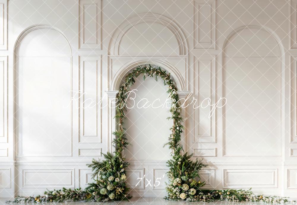 Kate Christmas Green Pine Leaf Arch White Retro Wall Backdrop Designed by Emetselch