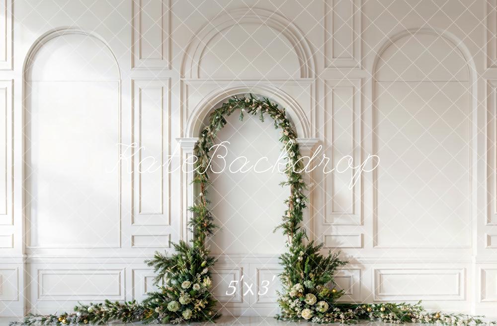 Kate Christmas Green Pine Leaf Arch White Retro Wall Backdrop Designed by Emetselch