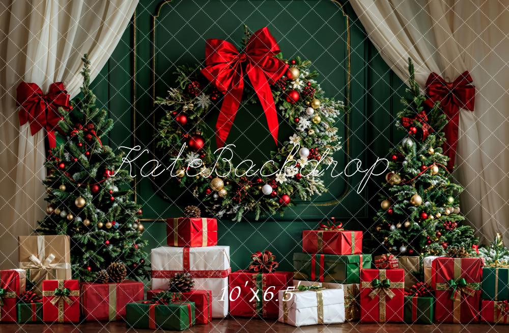 Kate Christmas White Curtain Dark Green Vintage Wall Backdrop Designed by Emetselch