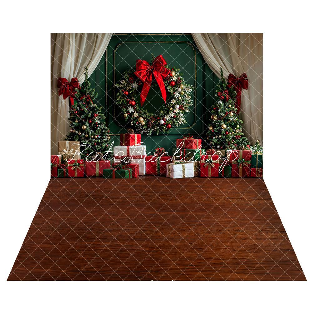 Kerst Wit Gordijn Donkergroene Vintage Muurachtergrond + Bruine Houten Vloer Achtergrond
