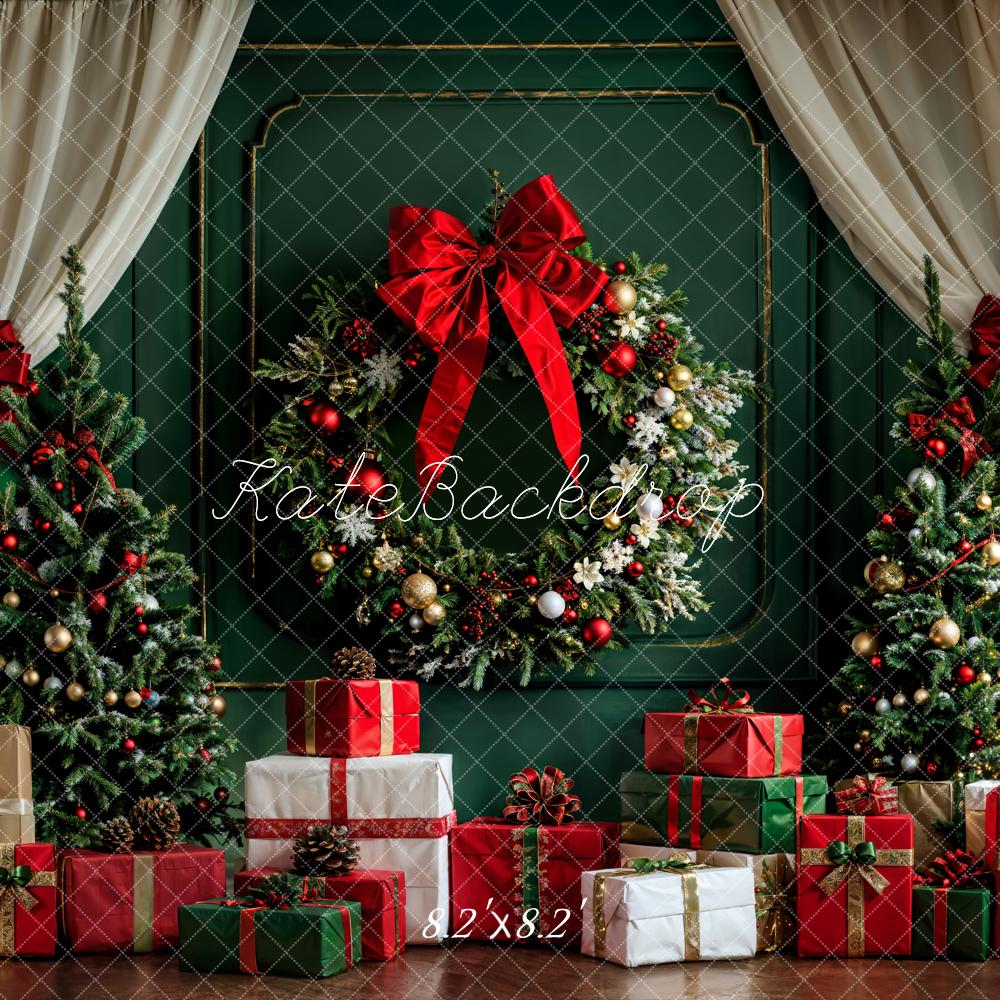 Kate Christmas White Curtain Dark Green Vintage Wall Backdrop Designed by Emetselch