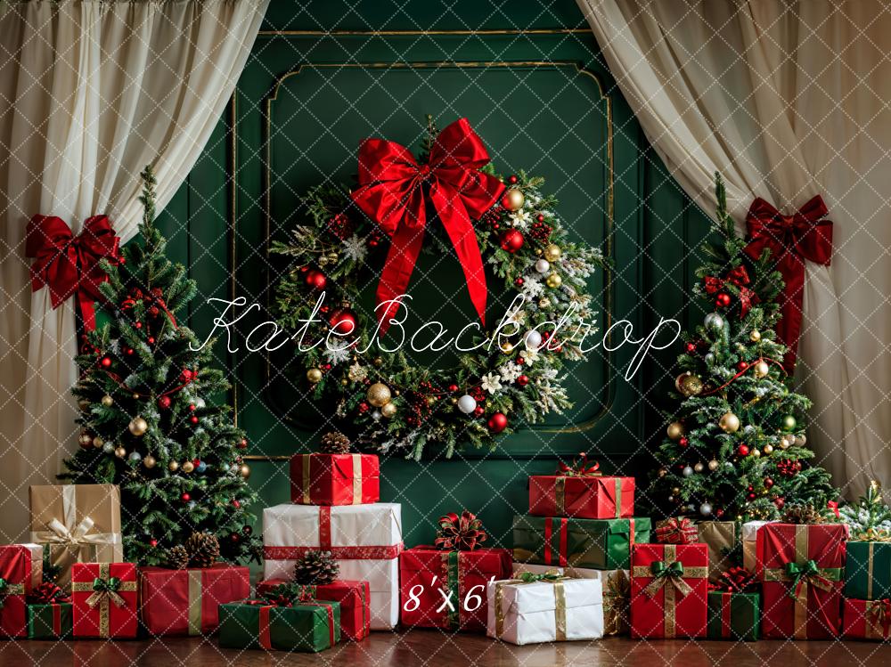 Kate Christmas White Curtain Dark Green Vintage Wall Backdrop Designed by Emetselch