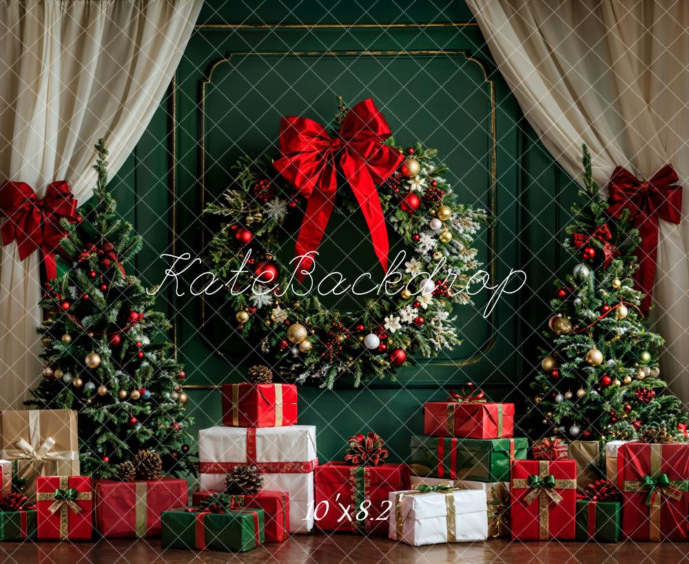 Kate Christmas White Curtain Dark Green Vintage Wall Backdrop Designed by Emetselch