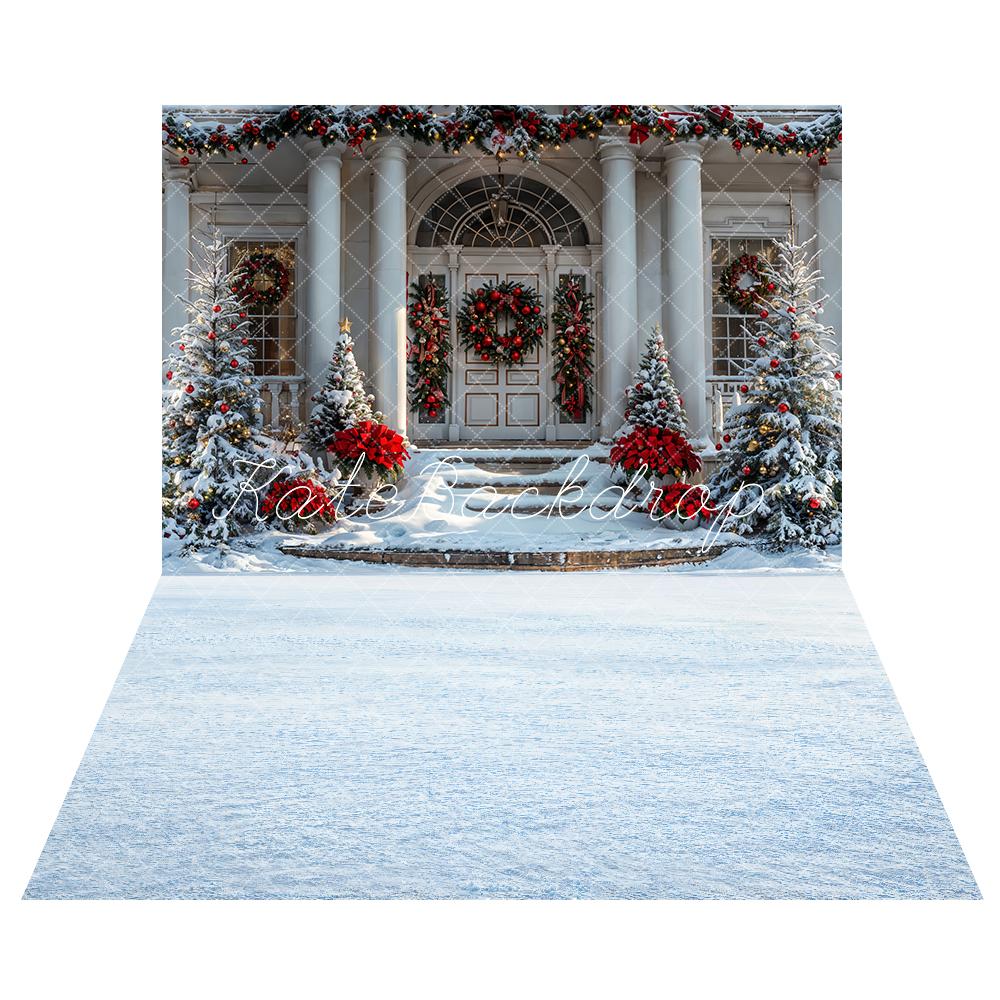 Christmas White Vintage House Backdrop + Winter White Snow Floor Backdrop
