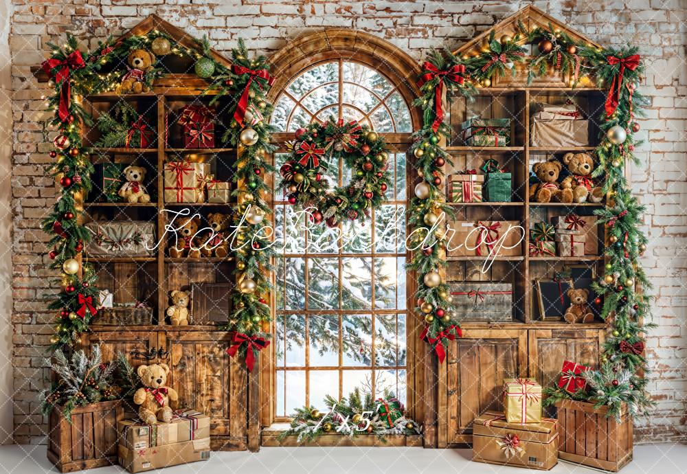 Kate Winter Christmas Teddy Bear Arched Window Gift Store Backdrop Designed by Emetselch