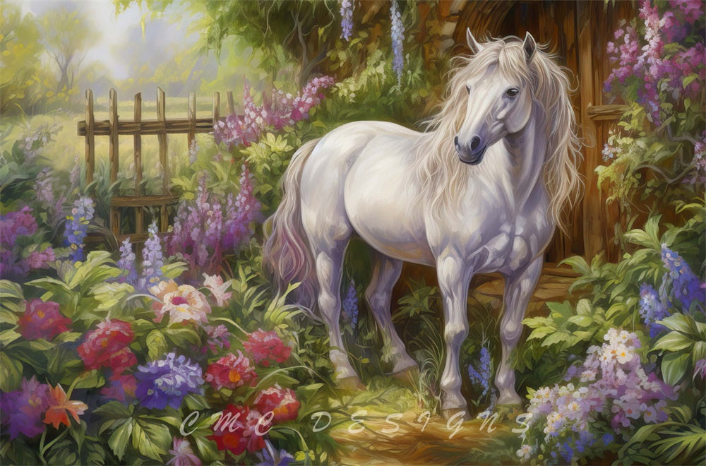 Fantasia in acquerello di un paesaggio di campagna con un cavallo bianco e una cabina marrone progettato da Candice Compton