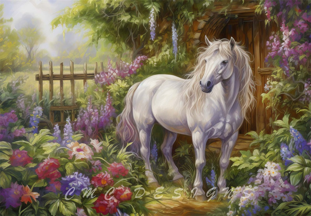 Fantasia in acquerello di un paesaggio di campagna con un cavallo bianco e una cabina marrone progettato da Candice Compton