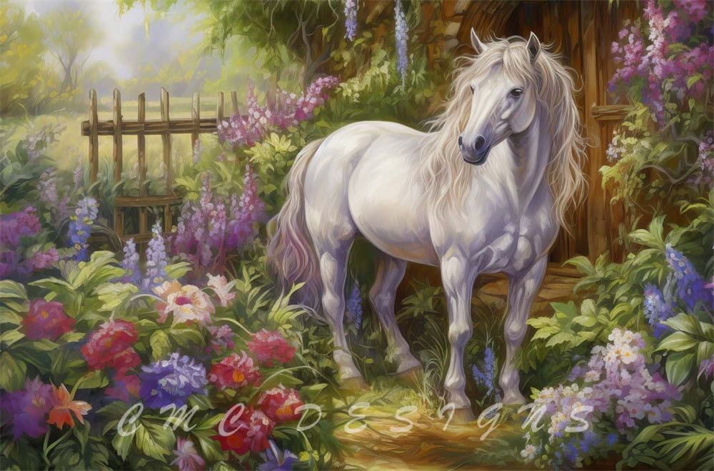 Fantasy Aquarel Schilderij Landelijke Tuin Wit Paard Bruine Blokhut Achtergrond Ontworpen door Candice Compton