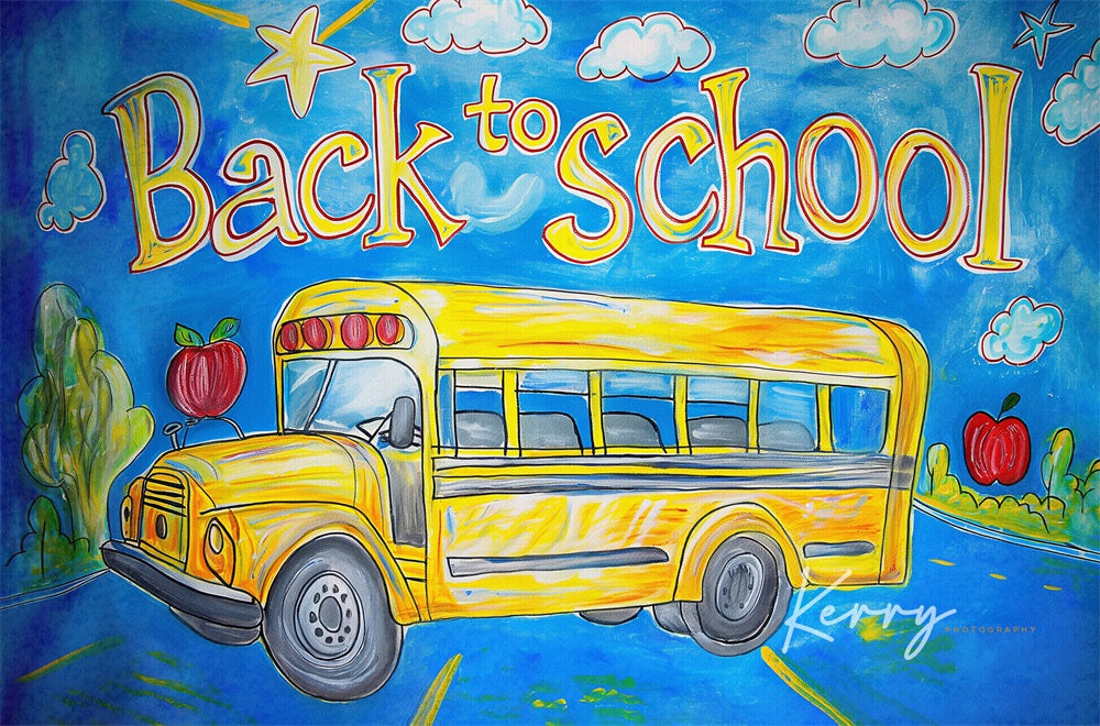 Kate Back to School Cartoon Watercolor Yellow School Bus Backdrop for Photography Designed by Kerry Anderson