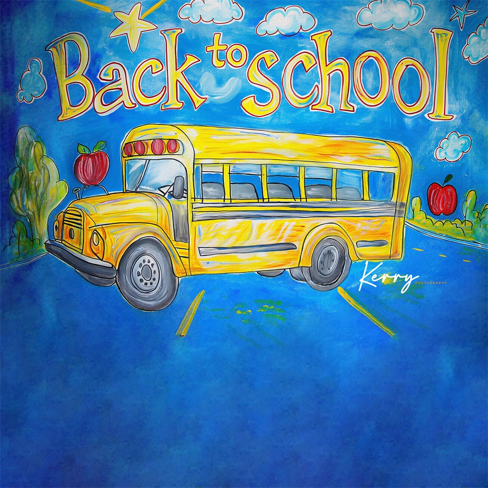 Terug naar School Cartoon Aquarel Gele Schoolbus Achtergrond voor Fotografie Ontworpen door Kerry Anderson