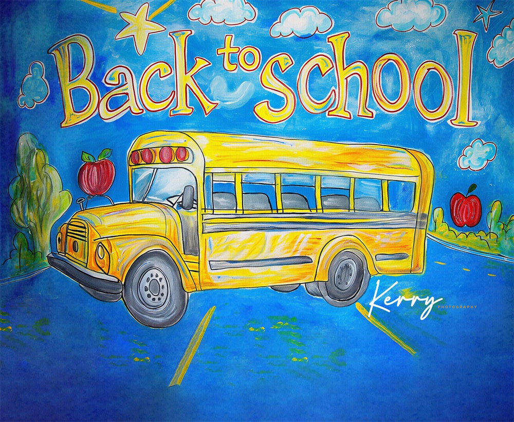 Kate Back to School Cartoon Watercolor Yellow School Bus Backdrop for Photography Designed by Kerry Anderson