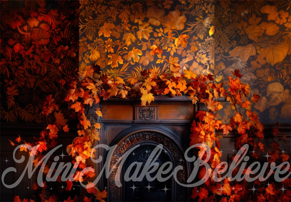 Kate Fall Maple Leaf Dark Brown Fireplace Retro Floral Wall Backdrop Designed by Mini MakeBelieve