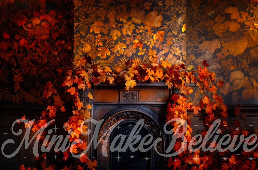 Val Autumn Maple Leaf Dark Brown Fireplace Retro Floral Wall Achtergrond Ontworpen door Mini MakeBelieve