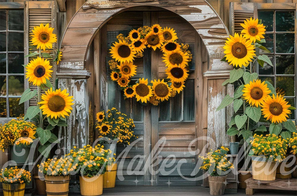 Kate Autumn Yellow Sunflower Brown Arched Porch Backdrop Designed by Mini MakeBelieve