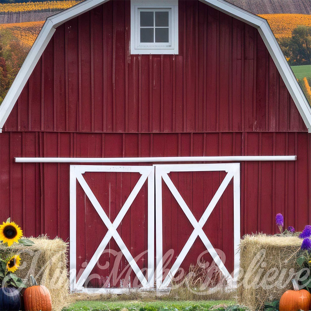 Kate Fall Pumpkin Sunflower Old Red Barn Backdrop Designed by Mini MakeBelieve