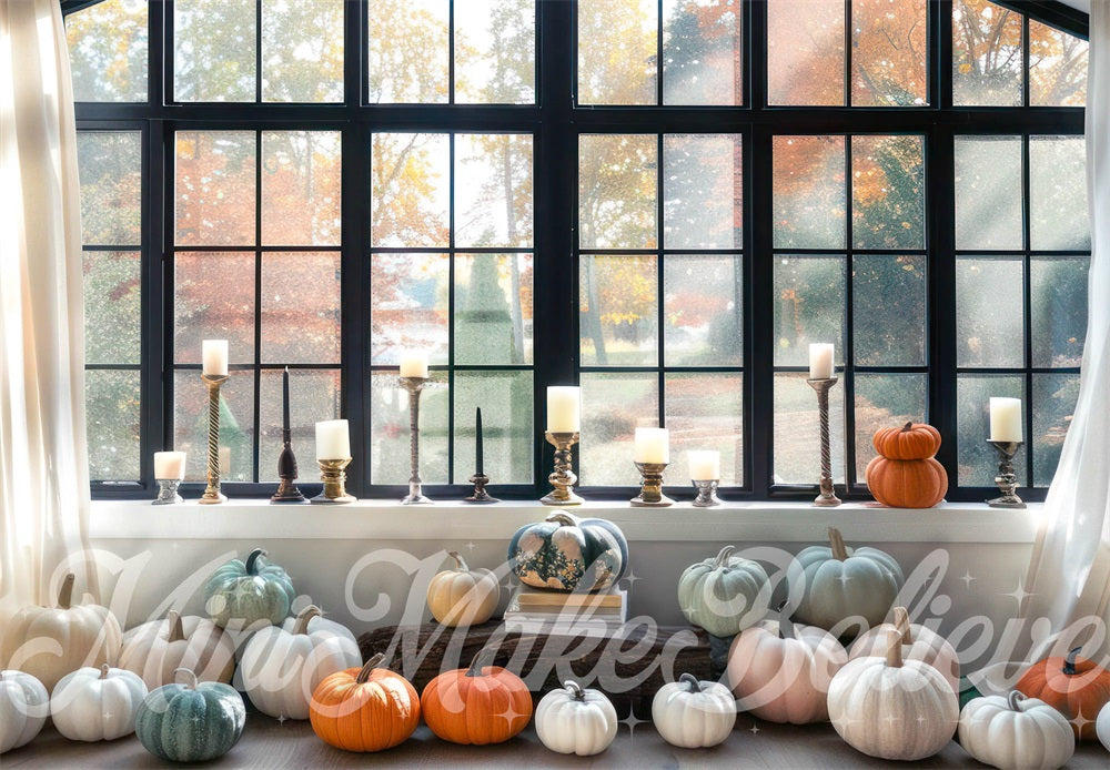 Kate Fall Indoor Colorful Pumpkin Black Framed Window Backdrop Designed by Mini MakeBelieve