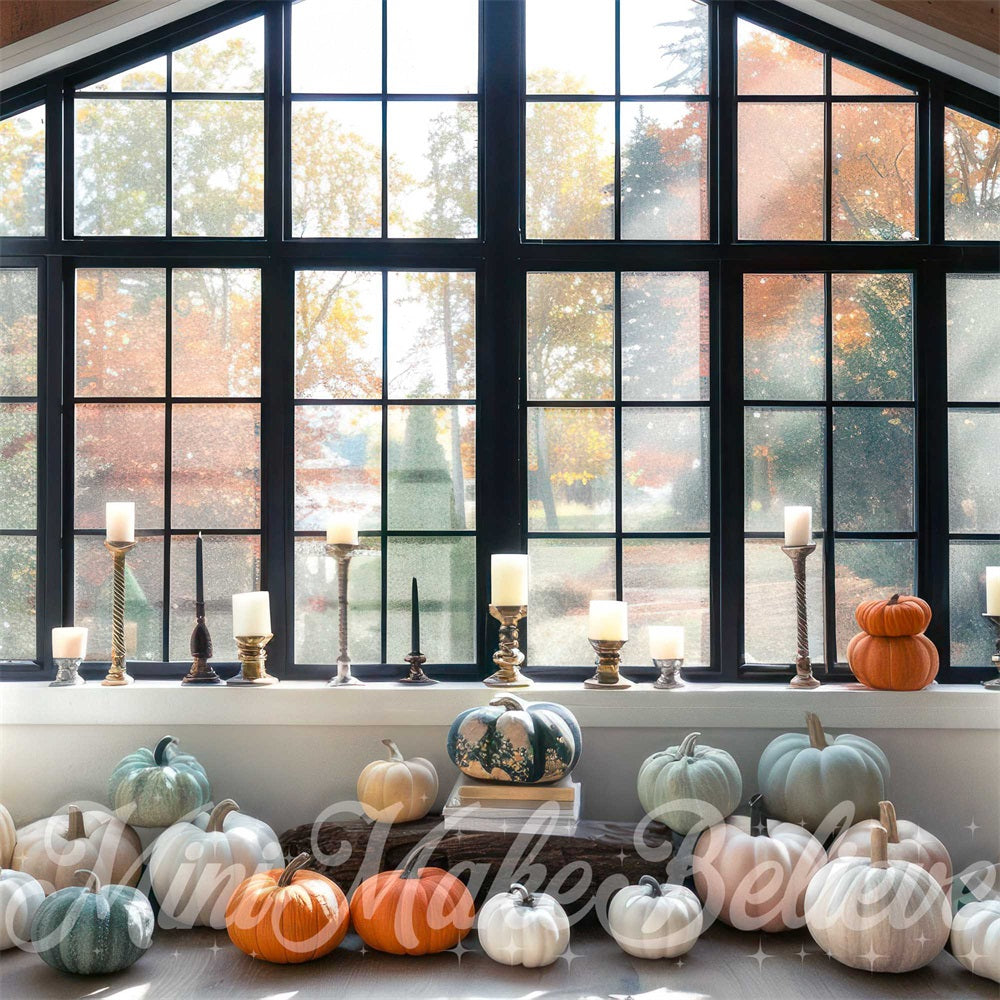 Kate Fall Indoor Colorful Pumpkin Black Framed Window Backdrop Designed by Mini MakeBelieve