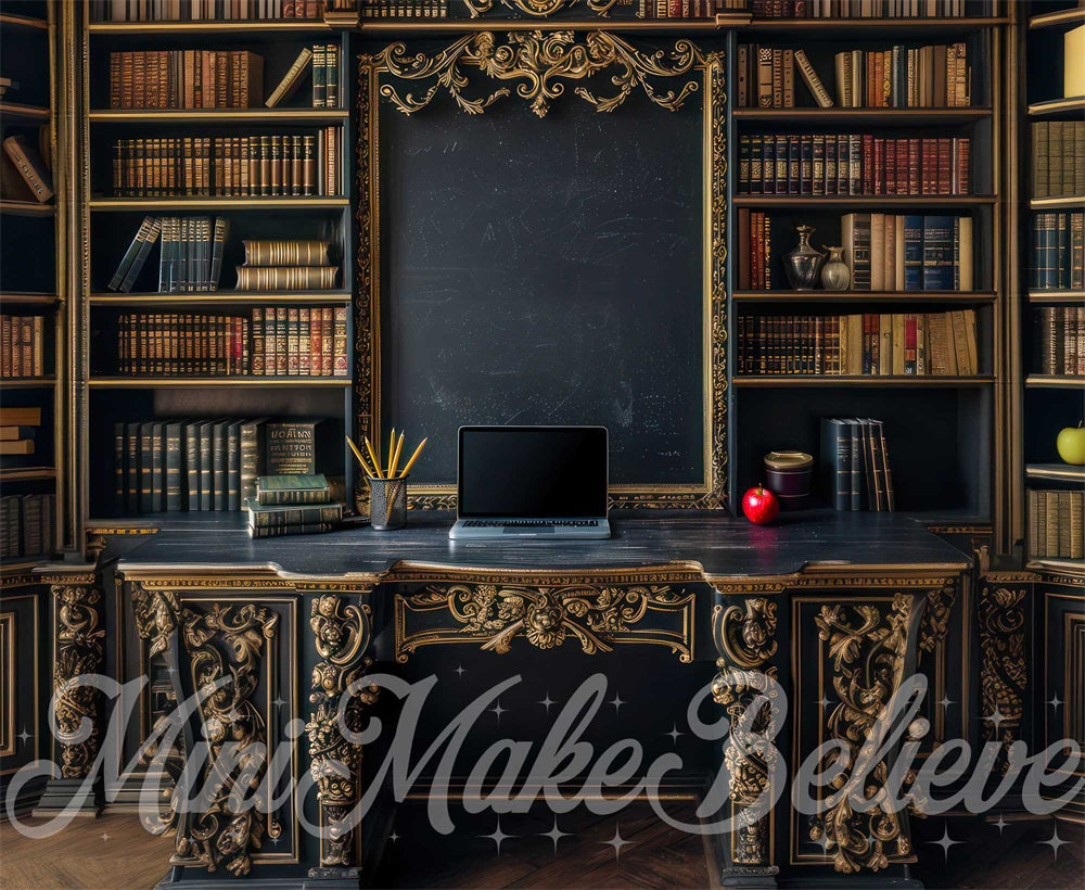 Vintage Grand Dark Golden Bookshelf Office Backdrop Designed by Mini MakeBelieve