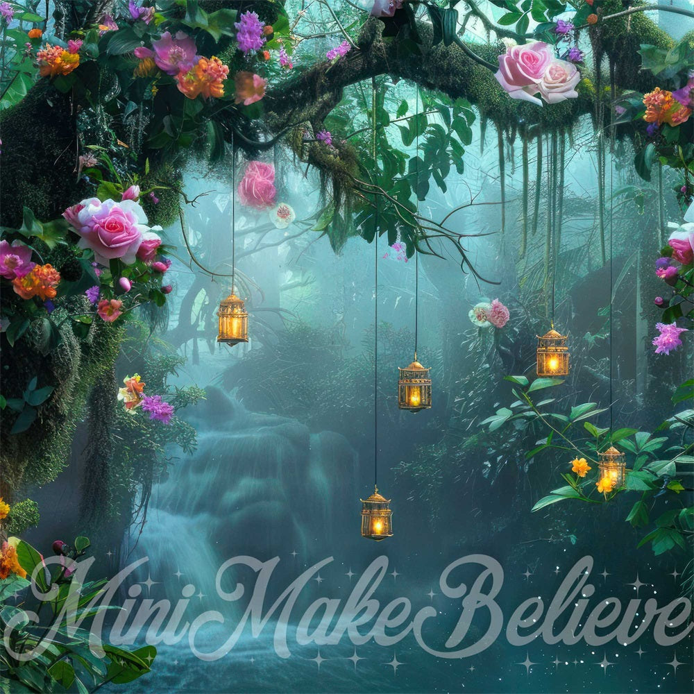 Dromerig Feeënland Bos Paarse Bloemen Waterval Achtergrond Ontworpen door Mini MakeBelieve
