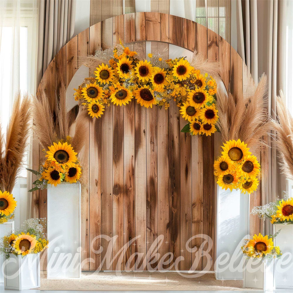 Kate Fall Boho White Curtain Sunflower Brown Wooden Arch Backdrop Designed by Mini MakeBelieve