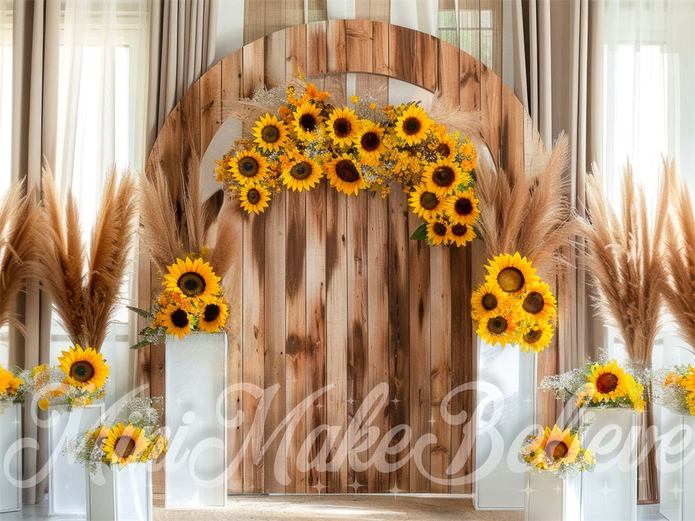 Kate Fall Boho White Curtain Sunflower Brown Wooden Arch Backdrop Designed by Mini MakeBelieve