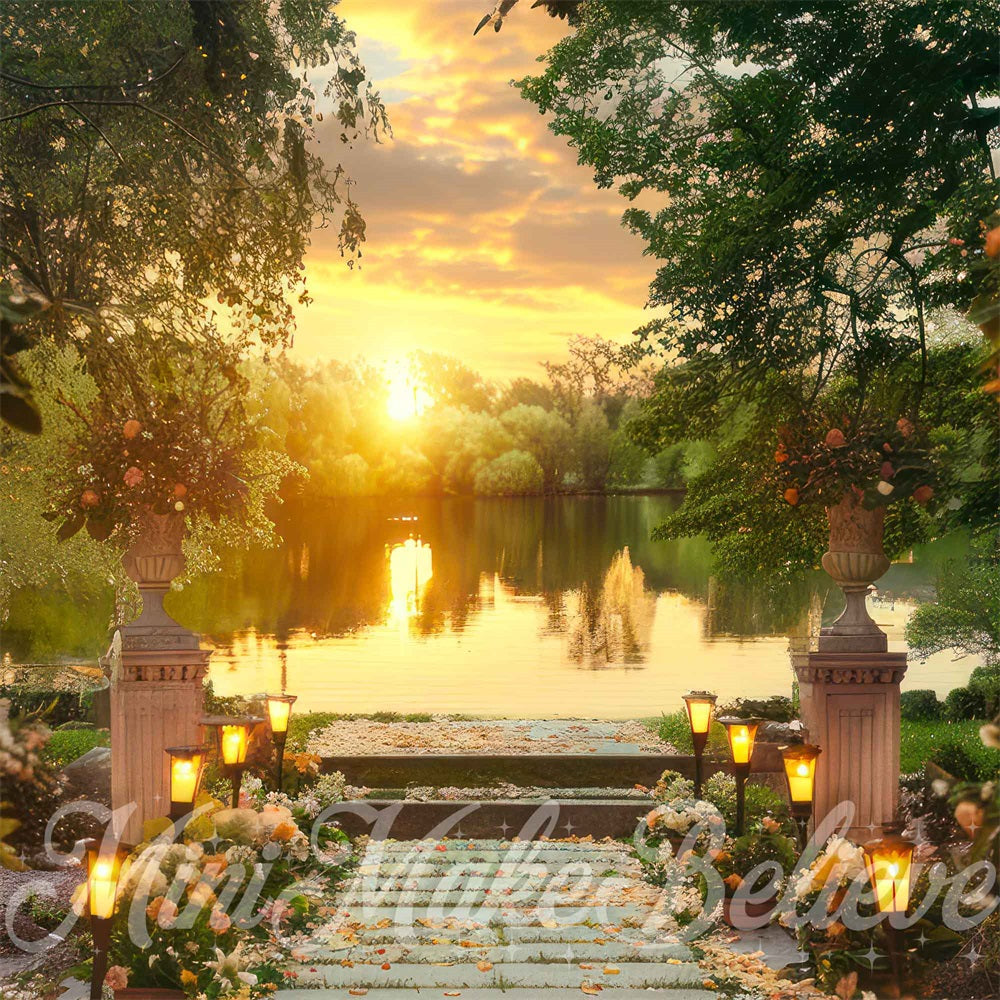 Kate Autumn Forest Colorful Flower Sunset Dock Backdrop Designed by Mini MakeBelieve