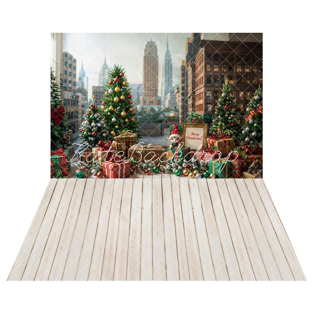 Kerstskyscraper-stad Feeërieke Cadeau-achtergrond + Licht Beige Houten Vloerachtergrond