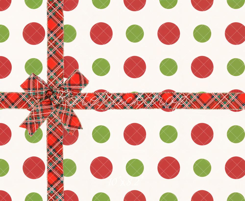 Regalo di Natale con Fiocco Rosso Sfondo a Pois Colorati Disegnato da Chain Photography