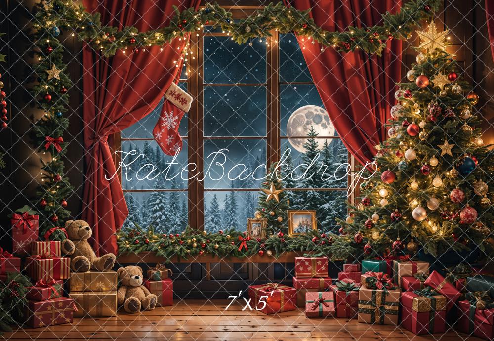 Kate Christmas Teddy Bear Red Curtain Black Framed Window Backdrop Designed by Emetselch
