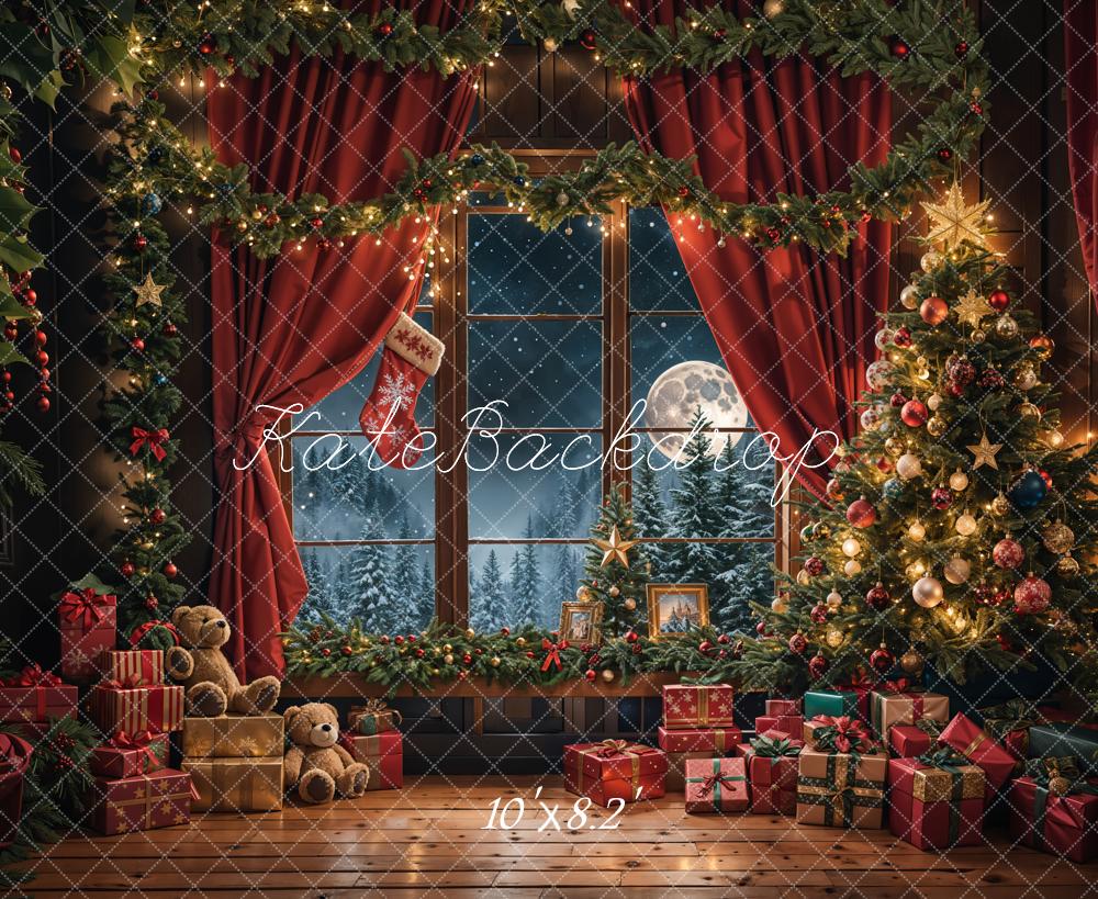 Orsacchiotto natalizio rosso con tenda nera e sfondo finestra incorniciata progettato da Emetselch