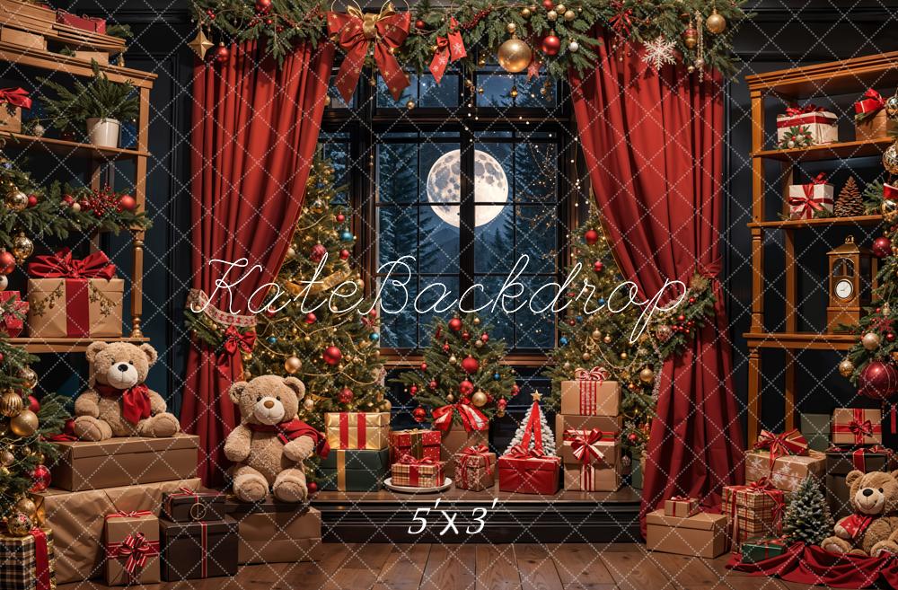 Kate Christmas Teddy Bear Red Curtain Black Framed Window Backdrop Designed by Emetselch