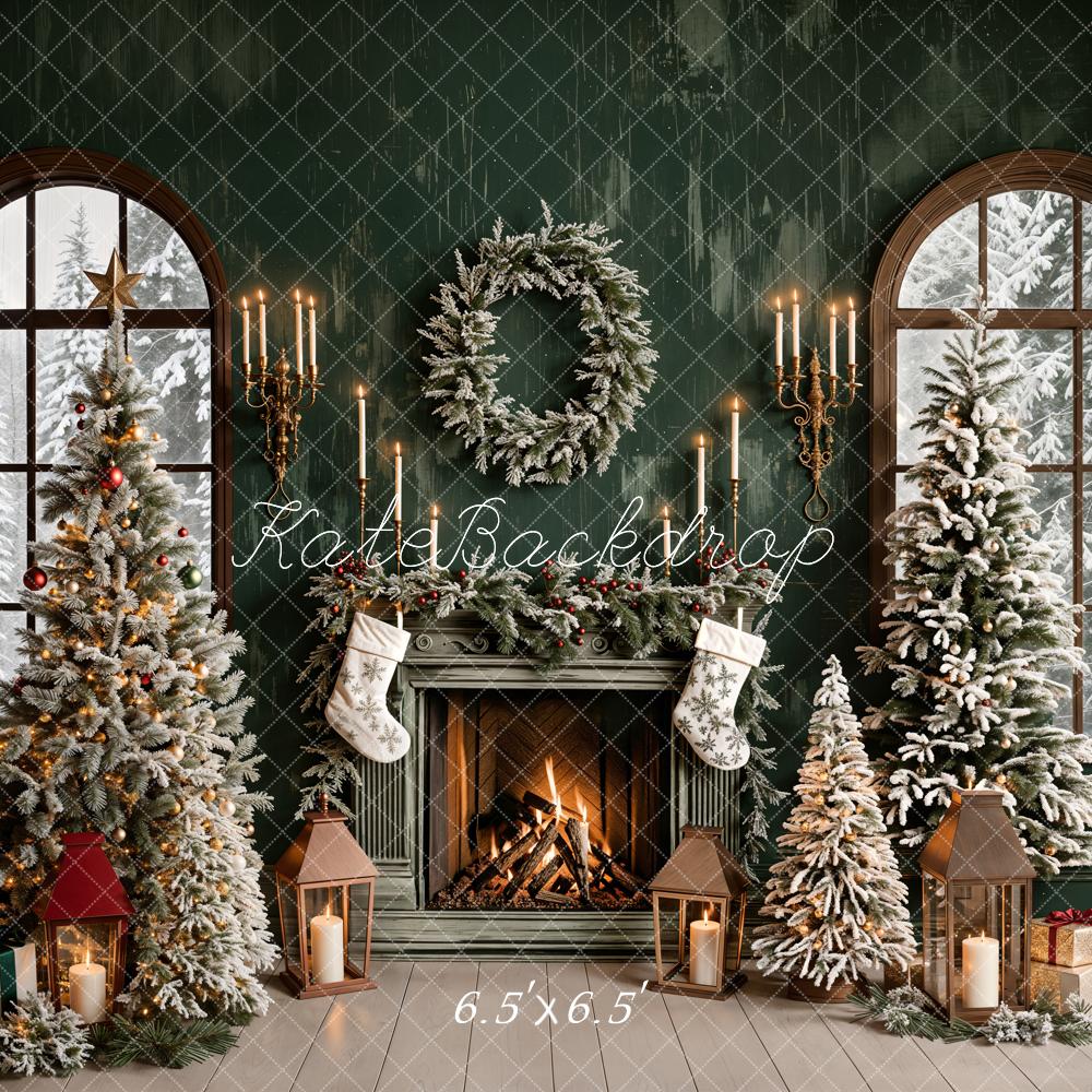 TEST Kate Christmas Green Retro Fireplace Arched Window Backdrop Designed by Emetselch