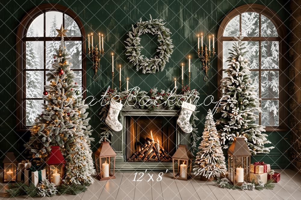 Kate Christmas Green Retro Fireplace Arched Window Backdrop Designed by Emetselch