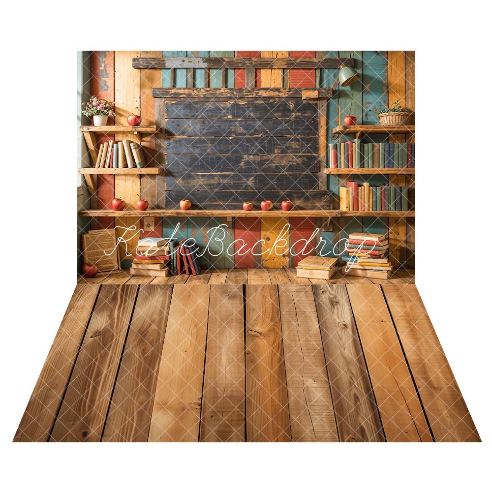 Kate Back to School Bookshelf Dark Brown Wooden Blackboard Backdrop + Brown Wooden Floor Backdrop