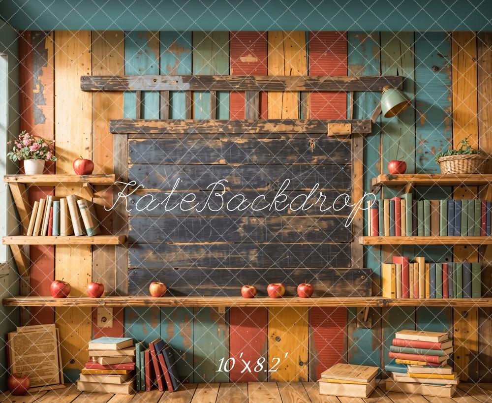 Kate Back to School Bookshelf Dark Brown Wooden Blackboard Backdrop Designed by Emetselch
