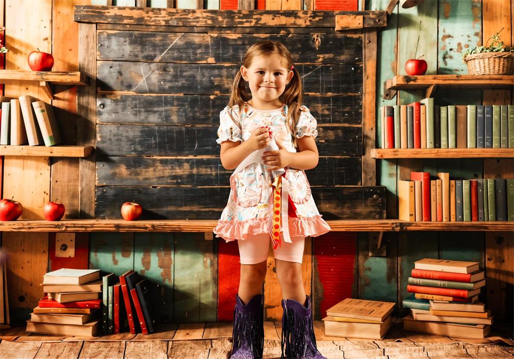 Kate Back to School Bookshelf Dark Brown Wooden Blackboard Backdrop Designed by Emetselch