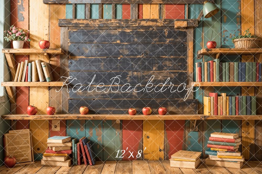 Kate Back to School Bookshelf Dark Brown Wooden Blackboard Backdrop Designed by Emetselch