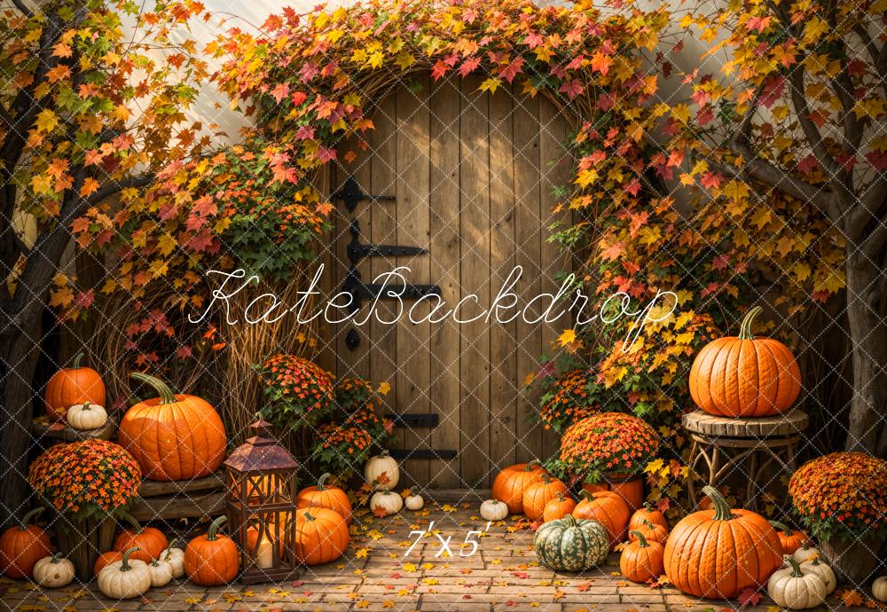 TEST Kate Fall Flower Maple Leaf Pumpkin Brown Wooden Arch Door Backdrop Designed by Emetselch