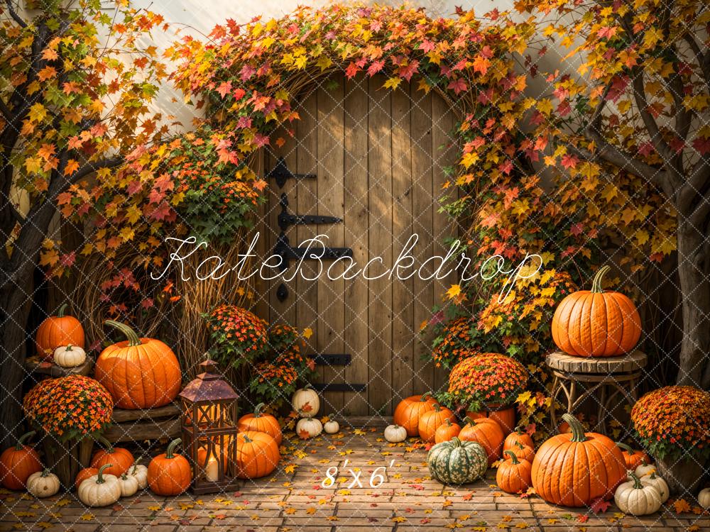 Kate Fall Flower Maple Leaf Pumpkin Brown Wooden Arch Door Backdrop Designed by Emetselch