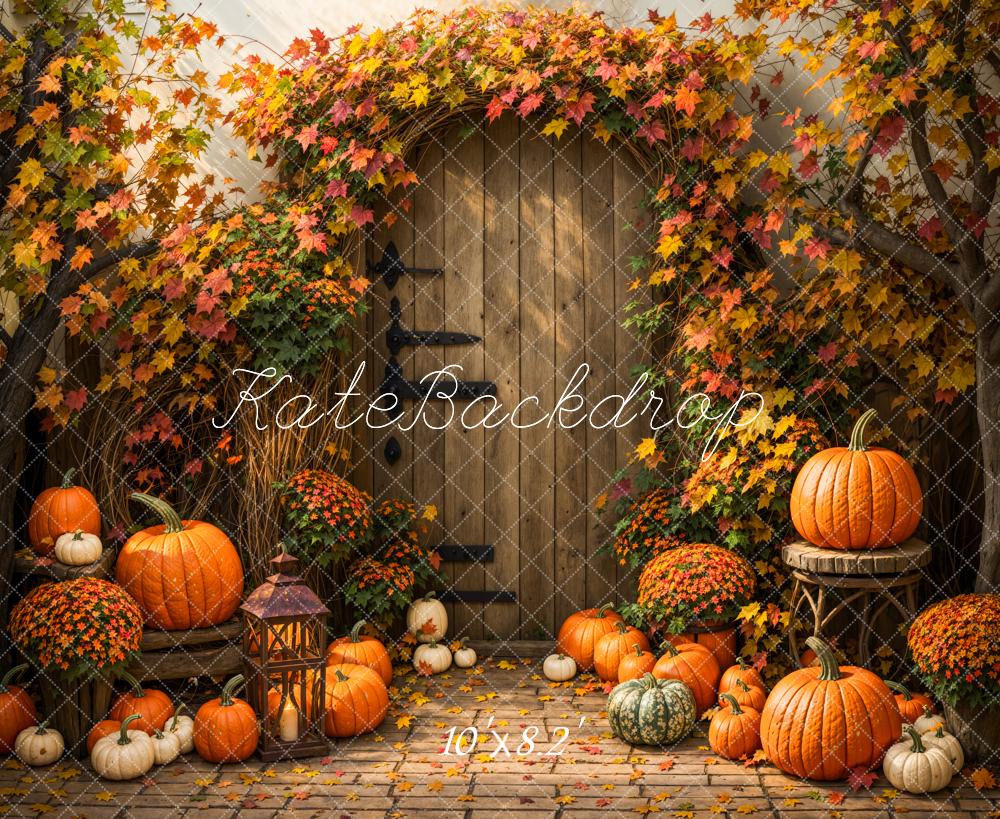 Kate Fall Flower Maple Leaf Pumpkin Brown Wooden Arch Door Backdrop Designed by Emetselch