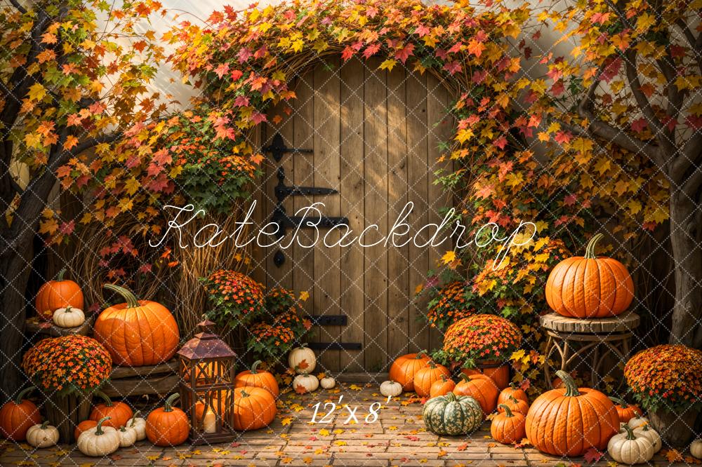 Kate Fall Flower Maple Leaf Pumpkin Brown Wooden Arch Door Backdrop Designed by Emetselch