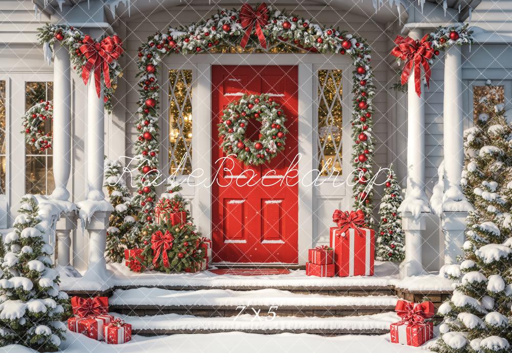 Winter Kerst Retro Rode Deur Huis Achtergrond Ontworpen door Emetselch