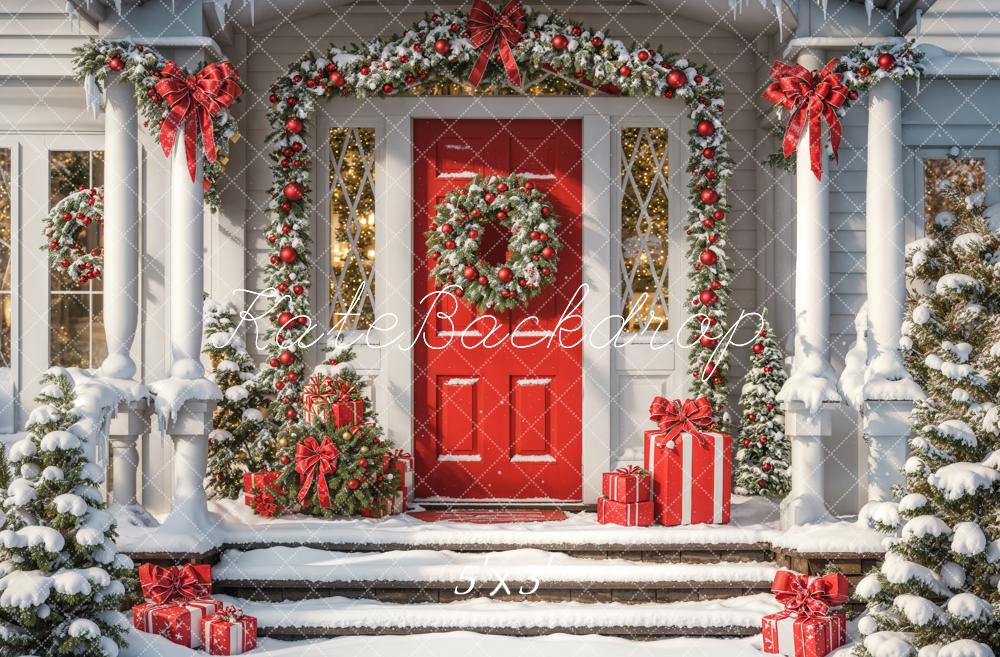 Winter Kerst Retro Rode Deur Huis Achtergrond Ontworpen door Emetselch